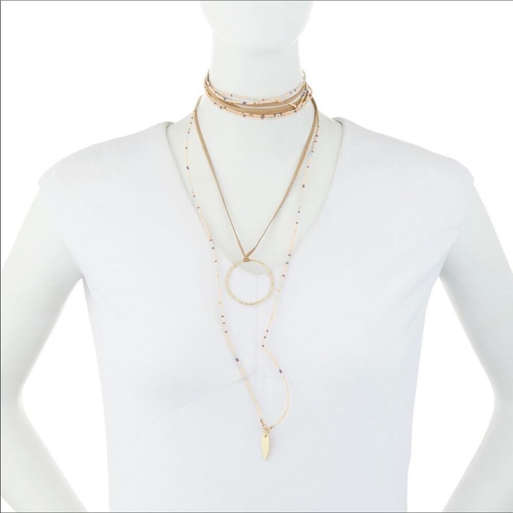 Berry NEW  Necklace & Choker Pink Beige Gold Beaded Faux-Suede Boho